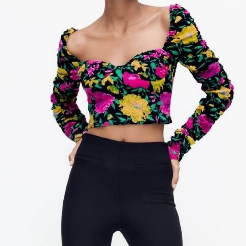 Zara Black Pink Yellow Floral Long Sleeve Ruched Boho Whimsygoth Crop Top Small